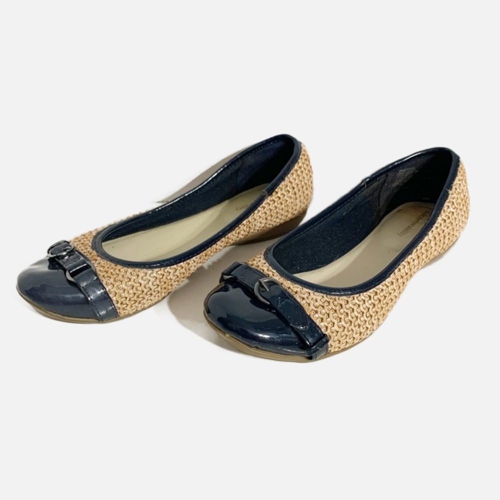 Solesenseability Woven Faux Leather Upper Ballet Flat Navy Blue Tan Buckle Strap